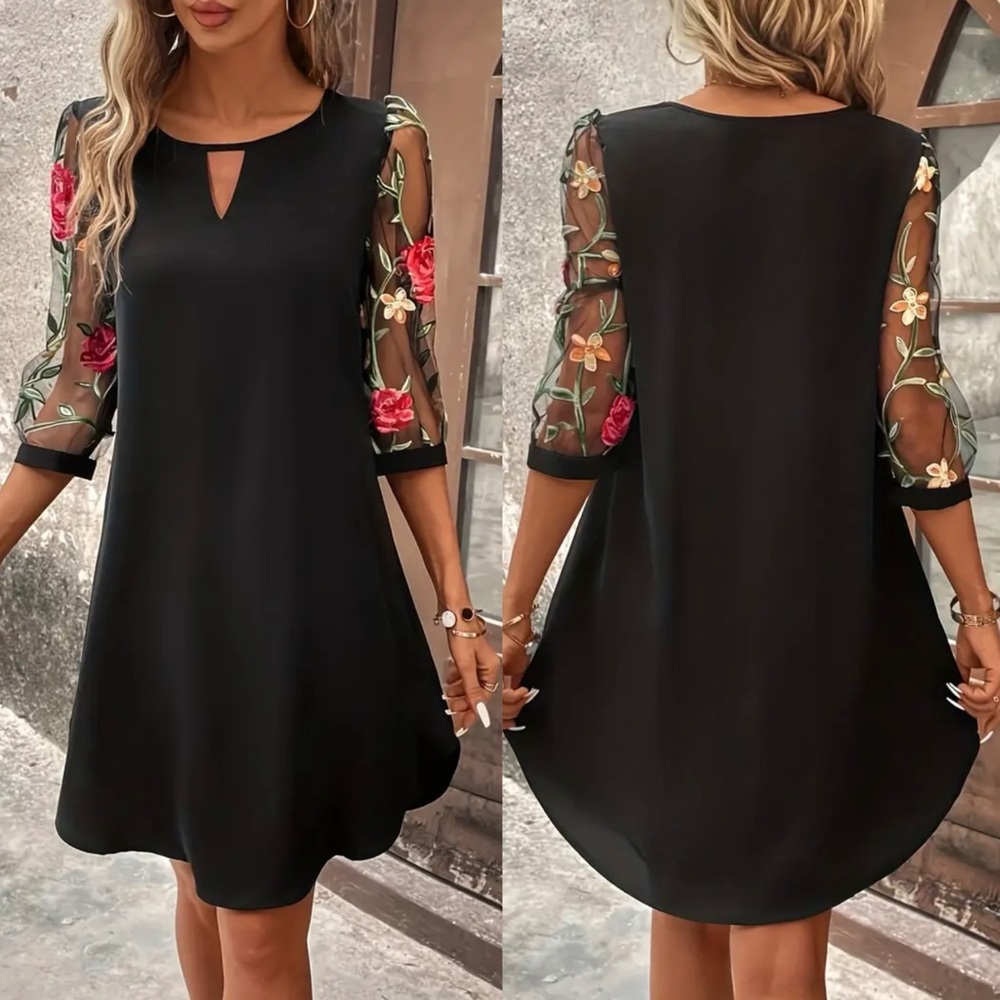 Black Sheer Floral Sleeves Dress (S)